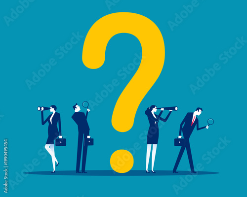 Business team with magnifying glasses and binoculars next to a question mark