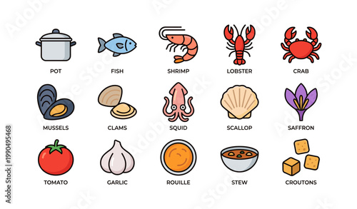 Seafood and ingredients icons for cooking and recipe context