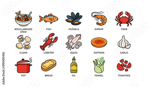 Bouillabaisse ingredients and seafood icons on white background