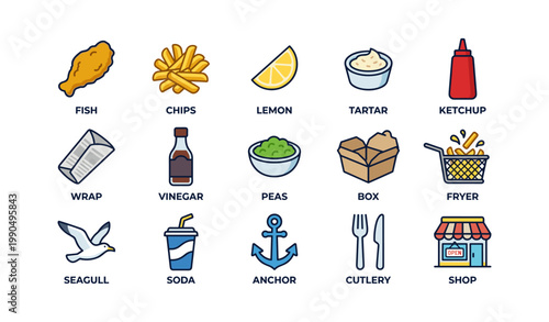 Fish and chips food icons with condiments and takeaway box