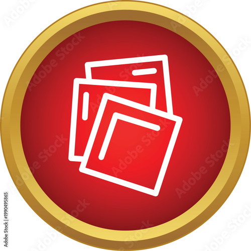 Stack of white outlined squares in red circle with gold border