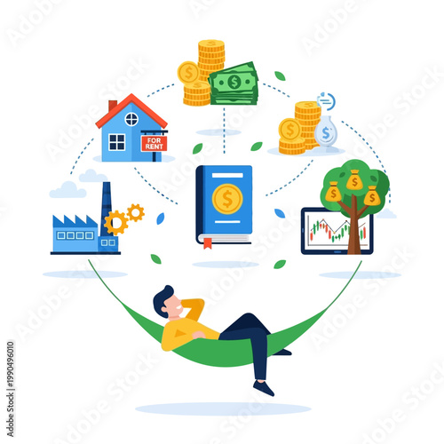 Financial freedom, passive income, business icons, money symbols, relaxation concept