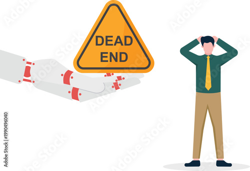 Robotic hand presenting dead end sign to businessman