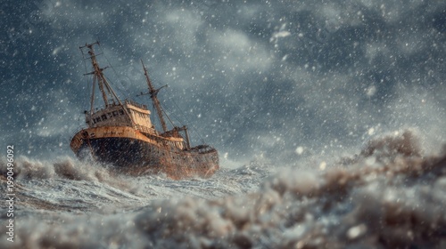 Stranded Fishing Vessel Struggles Against Powerful Waves in Stormy Sea with Dramatic Lighting and Rain