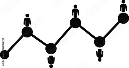 Black line graph with people icons on nodes and falling human symbols