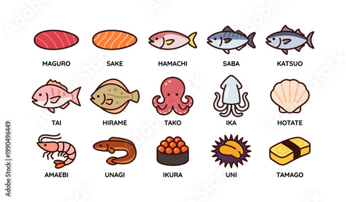 Sushi and seafood icons arranged on white background