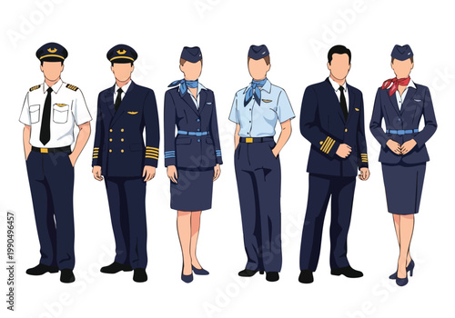 Vector Silhouette Illustrations of Airline Crew Uniforms - Pilots and Flight Attendants