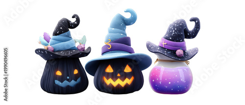 Three whimsical Halloween-themed characters featuring a pumpkin, a witch's hat, and a potion bottle, set against a transparent background