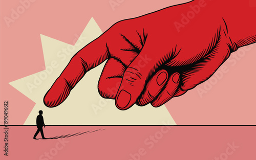 Overwhelming power a giant hand looms over a solitary figure in a vast landscape