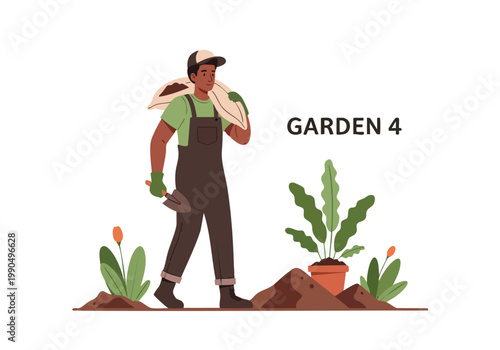 Vector silhouette of a gardener carrying a sack of soil and a shovel with a potted plant in the background, 4