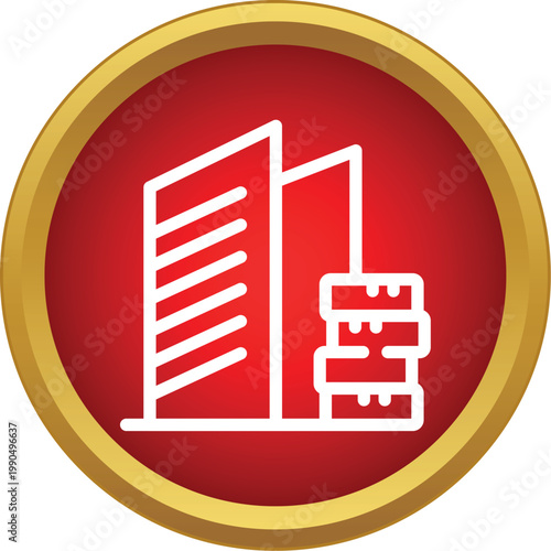 Outline vector icon showing modern city buildings with stacked bricks