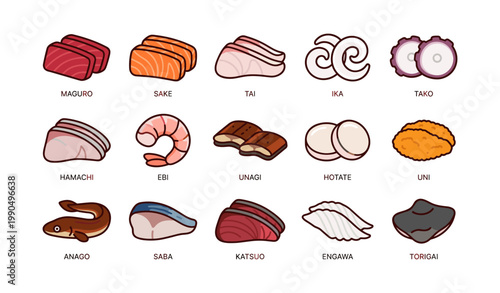 Sushi and sashimi icons labeled in grid on white background