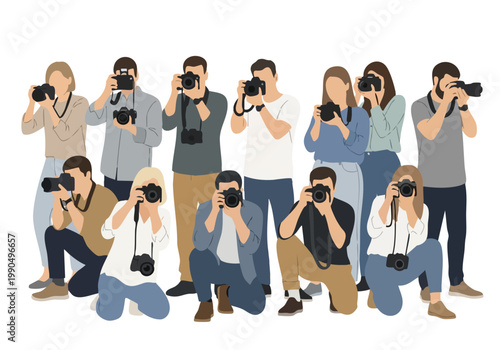 Vector silhouette of a group of people photographing with cameras, illustration for creative industry and media