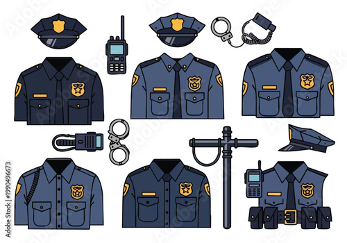 Police uniform and equipment vector silhouette. Law enforcement apparel and accessories collection