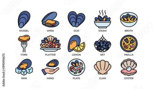 Mussel and shell icons showing seafood items on white background