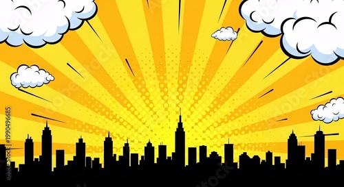 Bright yellow comic sunburst background with city skyline silhouette and dramatic explosion rays perfect for comic book and marketing visuals.