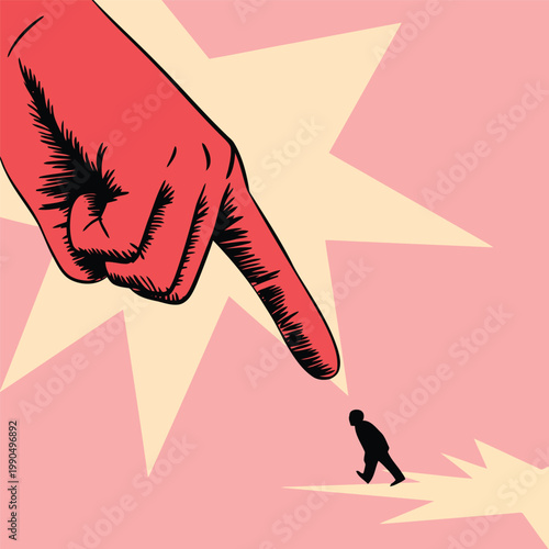 Pointing hand and tiny person a stark illustration of power dynamics and control