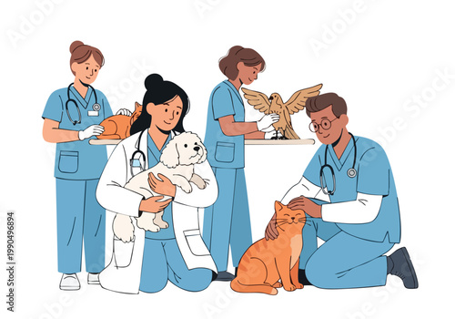 Vector illustration of a diverse team of veterinarians caring for animals, including a dog, cat, and bird of prey