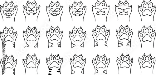 Cute cat paw gesture set hand drawn outline collection with different kitty paw positions isolated minimal animal doodle vector illustration