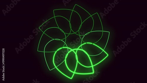 Glowing neon green geometric flower mandala animation rotates smoothly on a dark background, creating a futuristic tech look for intros, transitions, and overlays
