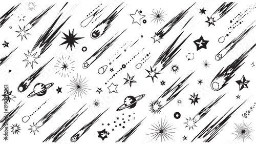 Streaking comets and glowing starbursts fill this dynamic space scene with linear movement.