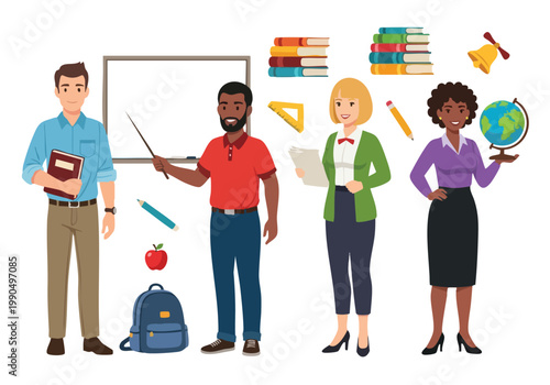 Vector silhouette of diverse teachers with school supplies, representing education and learning