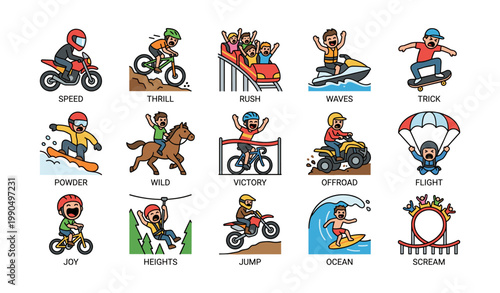 Extreme sports riders and adventure icons on white background