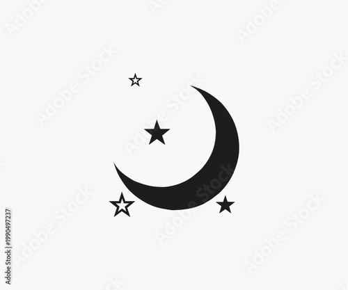Crescent moon with stars at night, evening or nighttime flat vector icon for apps and websites