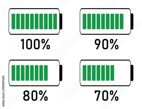 Set of vertical battery level indicators in percentage vector. Battery indicator symbols. 0-100 percent.