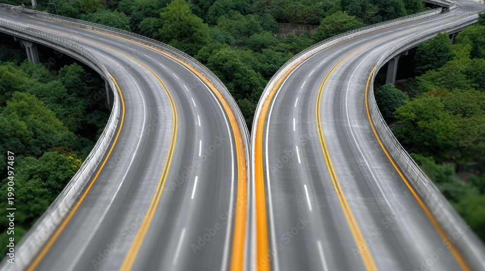 Obraz premium Aerial View of Winding Highway Surrounded by Lush Greenery, Captured from Above in Vibrant Colors and Clear Detail