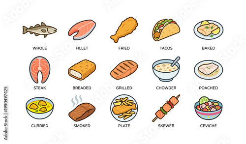 Fish and seafood dish icons showing cooking methods and servings