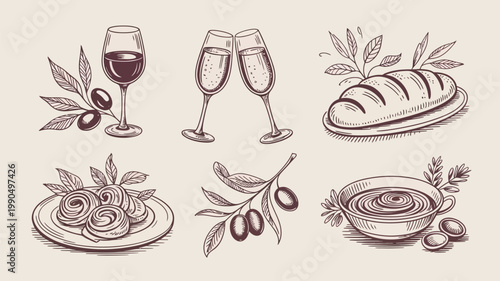 A vintage sketch featuring wine glasses bread olives and pasta