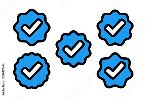 Blue tick verified social media account icons. approved profile sign. black, gold and blue tick in circles and rounded corner star. vector illustration on transparent png background.