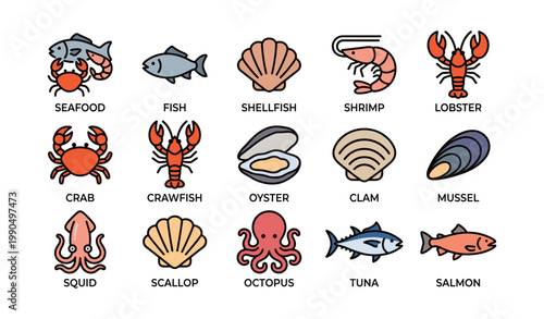 Various seafood and shellfish icons arranged on white background