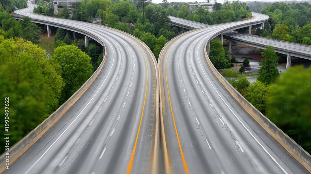 Obraz premium Aerial View of Highway Interchange Surrounded by Lush Greenery Showcasing Traffic Flow and Infrastructure in Natural Setting