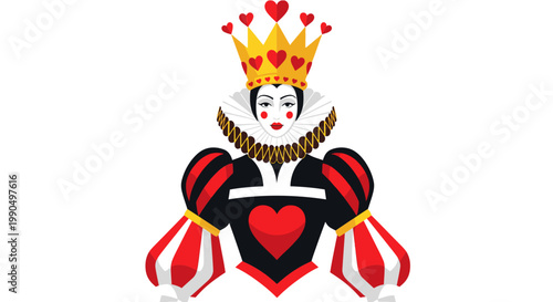 Queen of Hearts Playing Card Character Vector Illustration, Regal Royal Monarch Portrait with Crown and Heart Motif for Fantasy Games and Casino Design