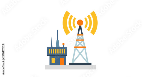 Radio Communication Tower and Broadcasting Station Vector Illustration, Flat Style Graphic Design for Telecommunications and Network Infrastructure Concept