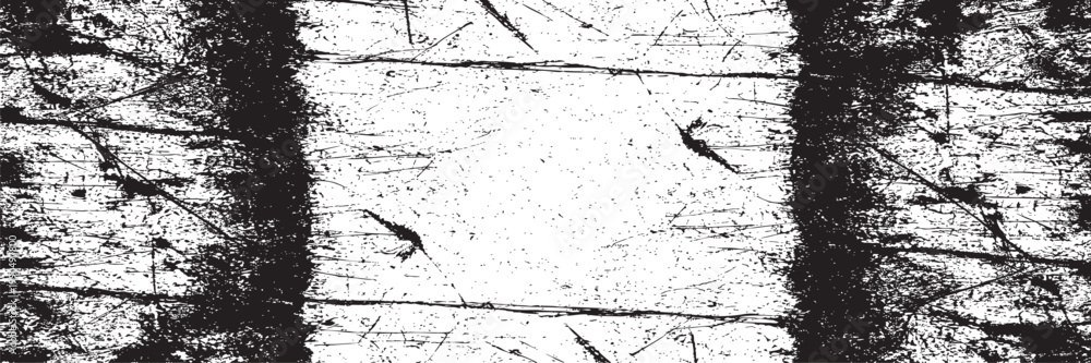 Naklejka premium A high-contrast, distressed wooden plank texture featuring a bright, weathered center panel framed by dark, rough-hewn edges with deep grain patterns.