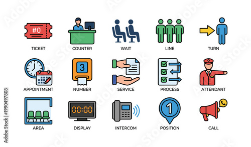Queue and service icons showing ticketing and waiting area