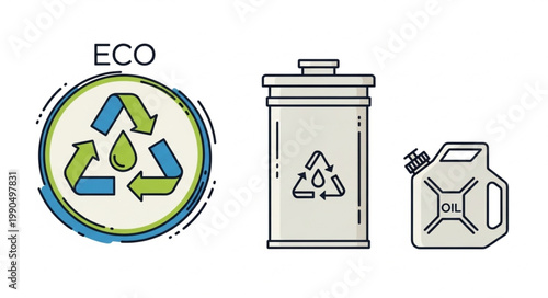 Recycling symbol and containers for waste management.