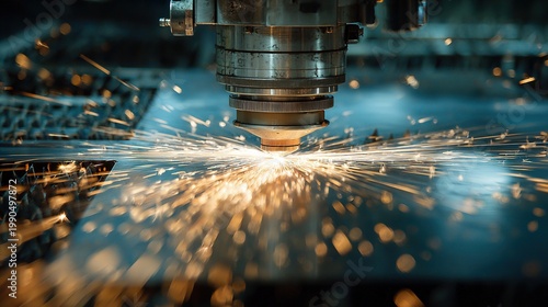 Industrial Laser Cutting Machine Precisely Cutting a Metal Sheet with Bright Sparks