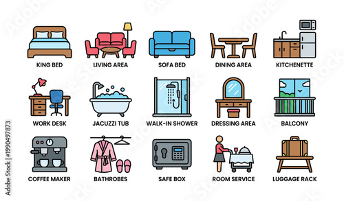 Hotel room amenity icons of furniture and services on white