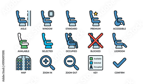 Airplane seat icons showing selection and status on white background