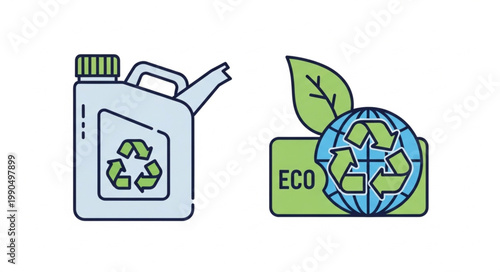 Recycling symbol on jerrycan and eco globe illustration.