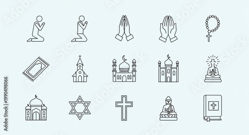 Collection of religious symbols and icons in a simple line art style.