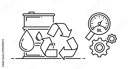 Recycling symbol with oil barrel and gauge illustration.