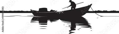 Black silhouette fisherman on boat, vector illustration, fishing scene, watercraft