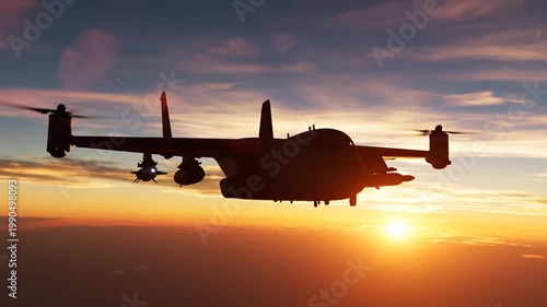 Military tiltrotor aircraft silhouette flying at sunset over clouds