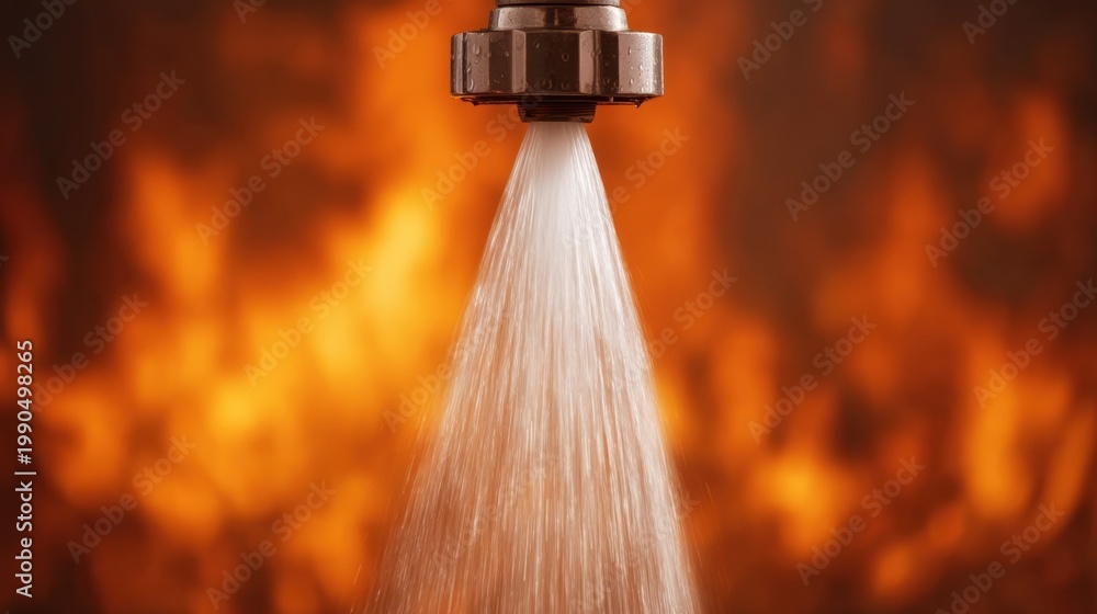 Fototapeta premium Fire Sprinkler Actively Spraying Water to Extinguish Flames in Emergency Response Situation