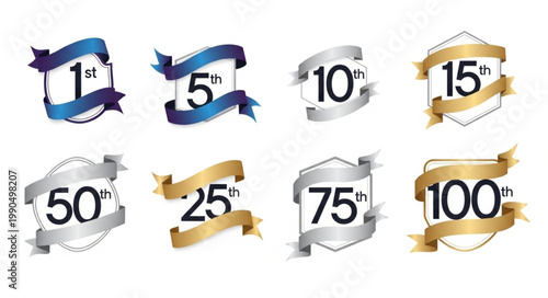 Set of Anniversary Badges with Ribbons and Numbers.